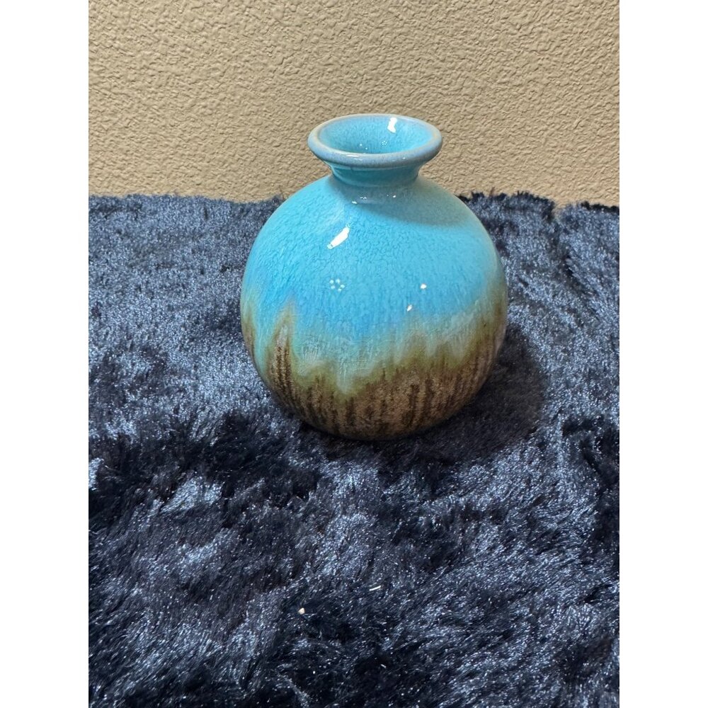 Handcrafted Ceramic Bud Vase With Glazed Finish Small Blue & Browns